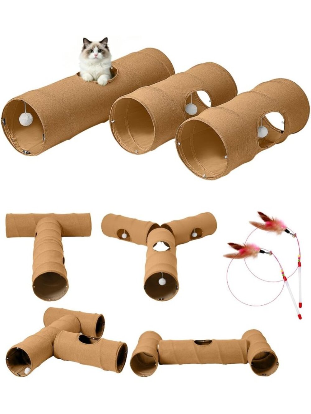 Interactive Cat Tunnel Set - 3 Straight Tunnels, DIY Shapes, Scratch Resistant